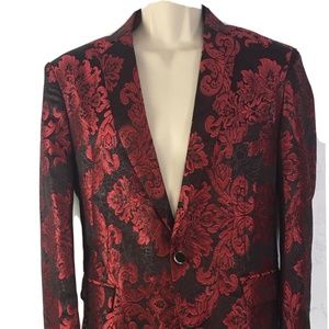YFFUSHI Top Coat Blazer Suit Black Red Embroidered Floral 1 Button Tuxedo Jacket